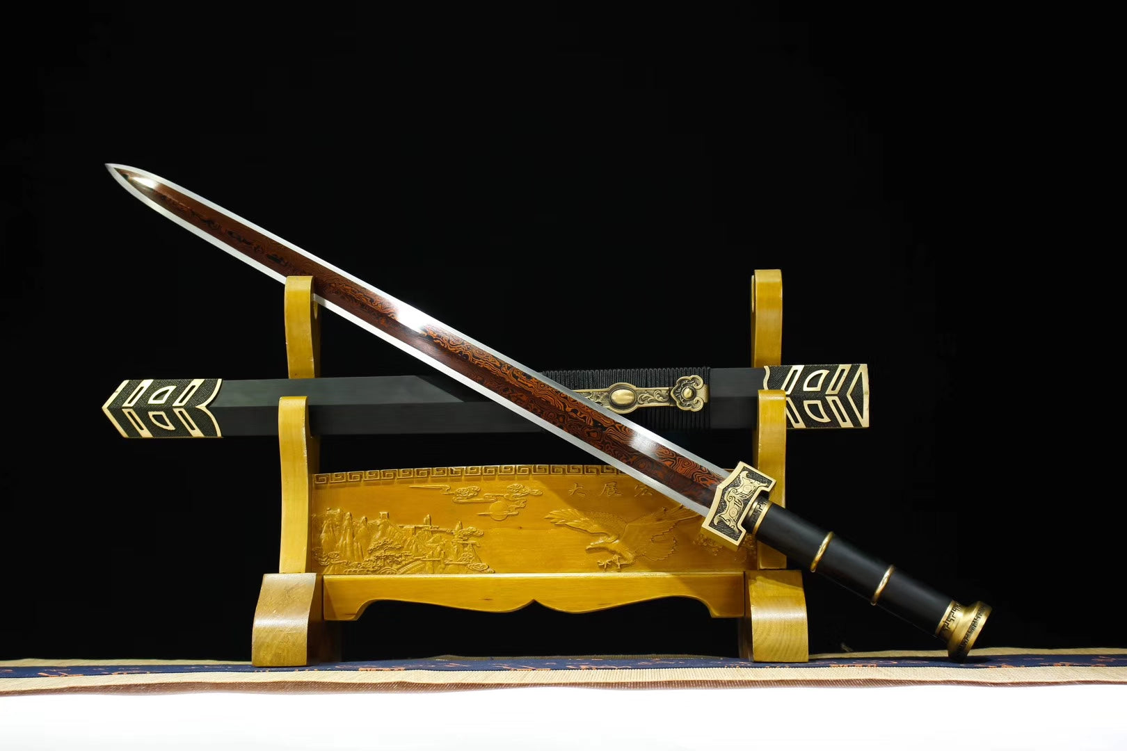 Ruyi jian,Handmade Damascus steel red bade,Black wood,Brass,Full tang - Chinese sword shop