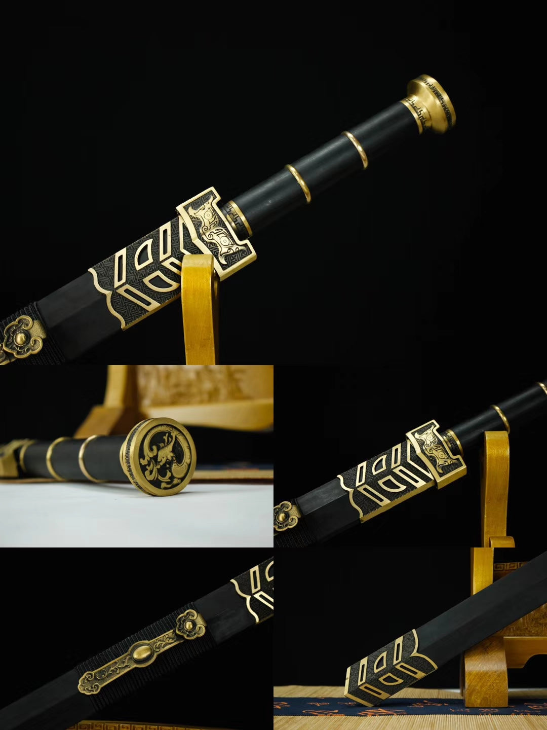Ruyi jian,Handmade Damascus steel red bade,Black wood,Brass,Full tang - Chinese sword shop