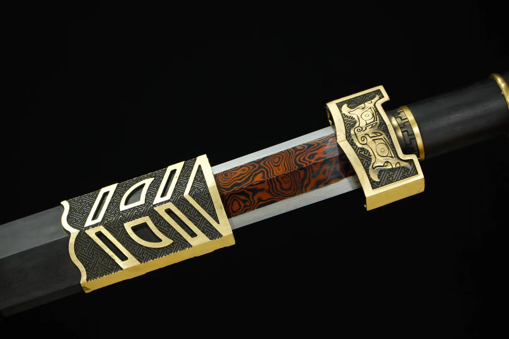 Ruyi jian,Handmade Damascus steel red bade,Black wood,Brass,Full tang - Chinese sword shop
