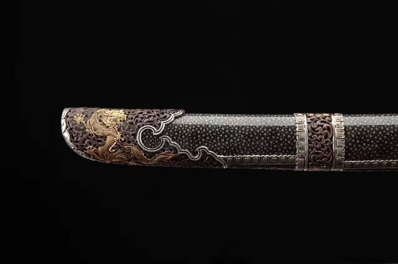 Loong broadsword,Damascus steel blade,Black skin scabbard,Brass fittings - Chinese sword shop
