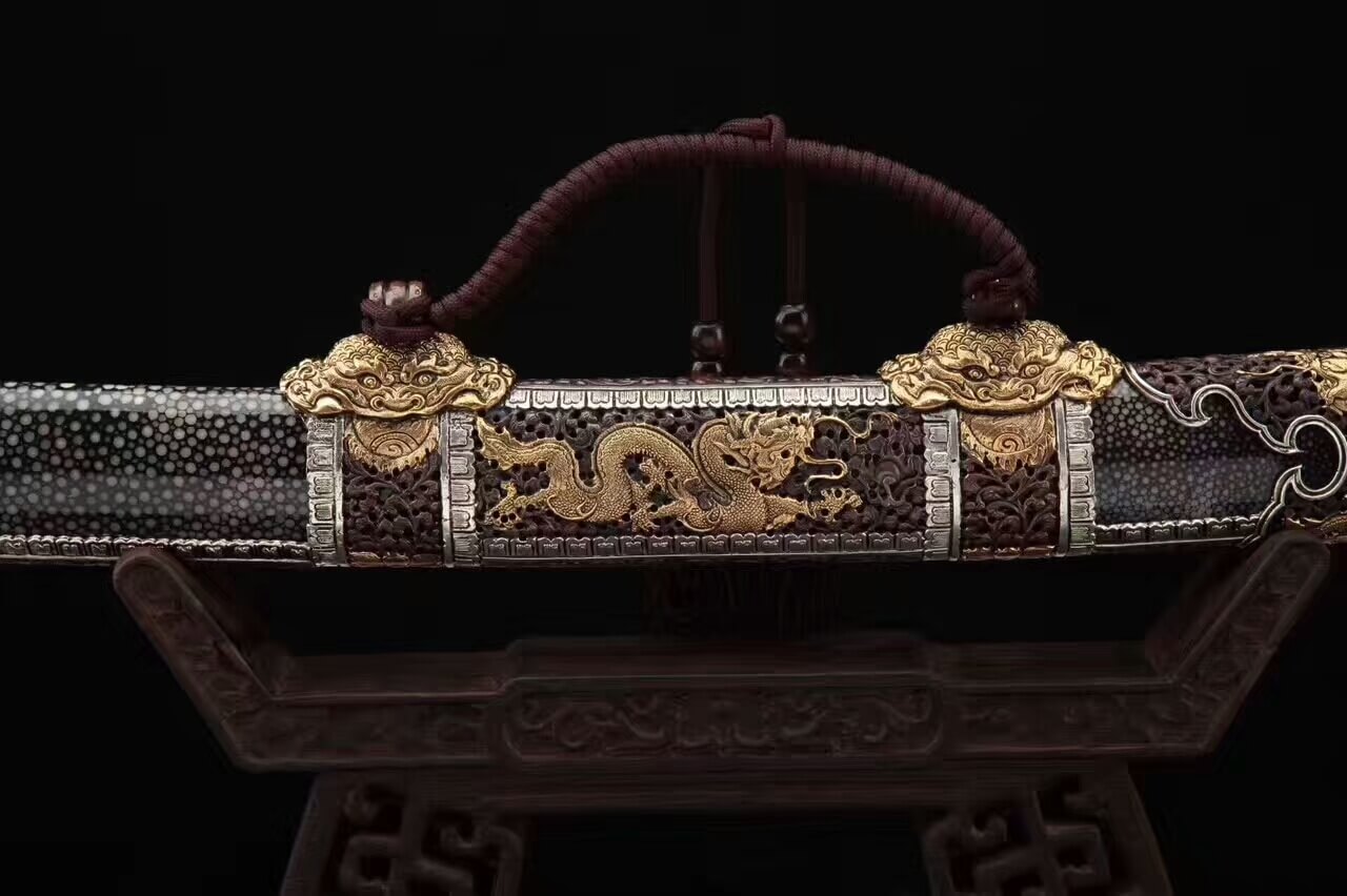 Loong broadsword,Damascus steel blade,Black skin scabbard,Brass fittings - Chinese sword shop