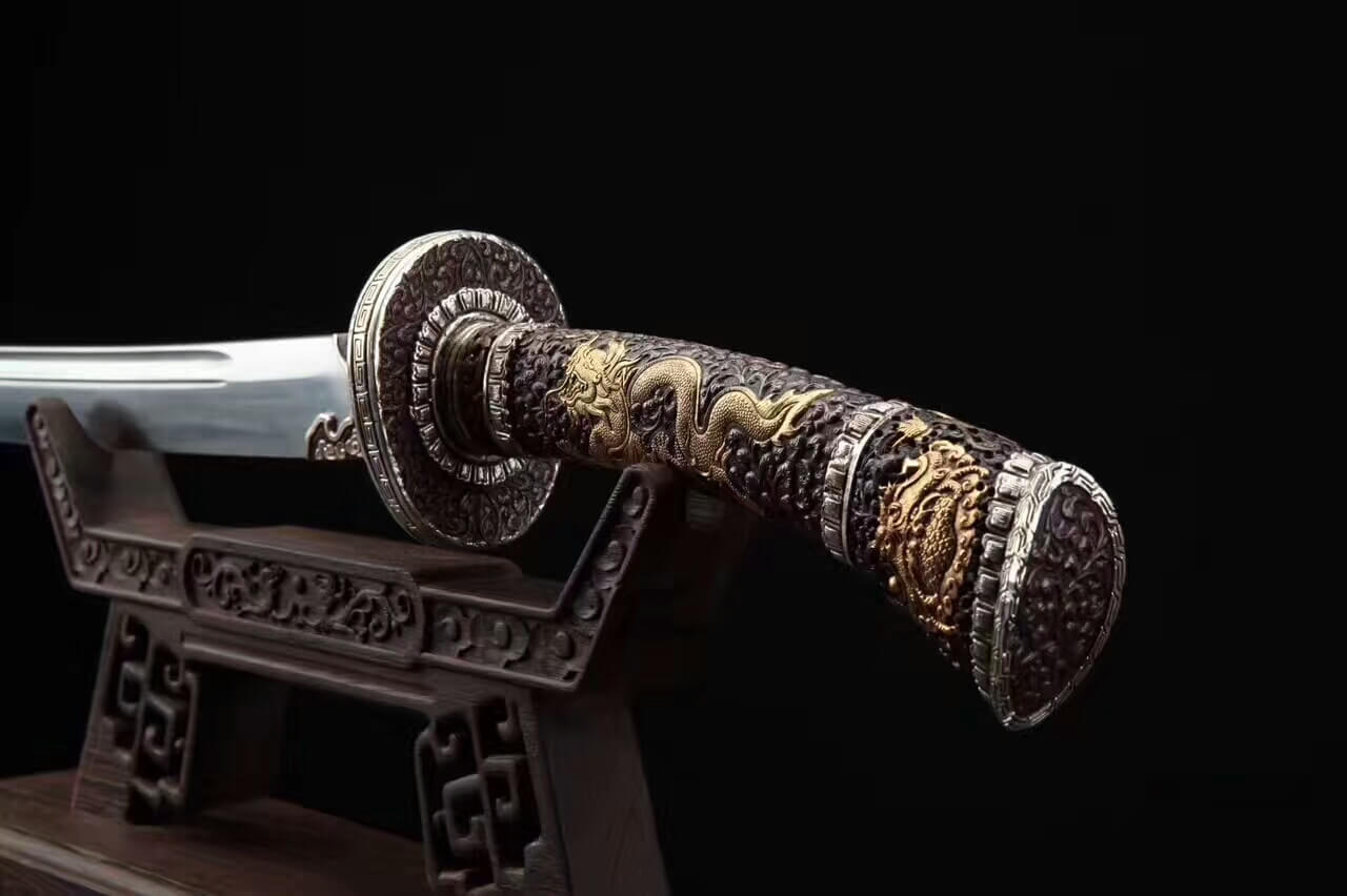 Loong broadsword,Damascus steel blade,Black skin scabbard,Brass fittings - Chinese sword shop