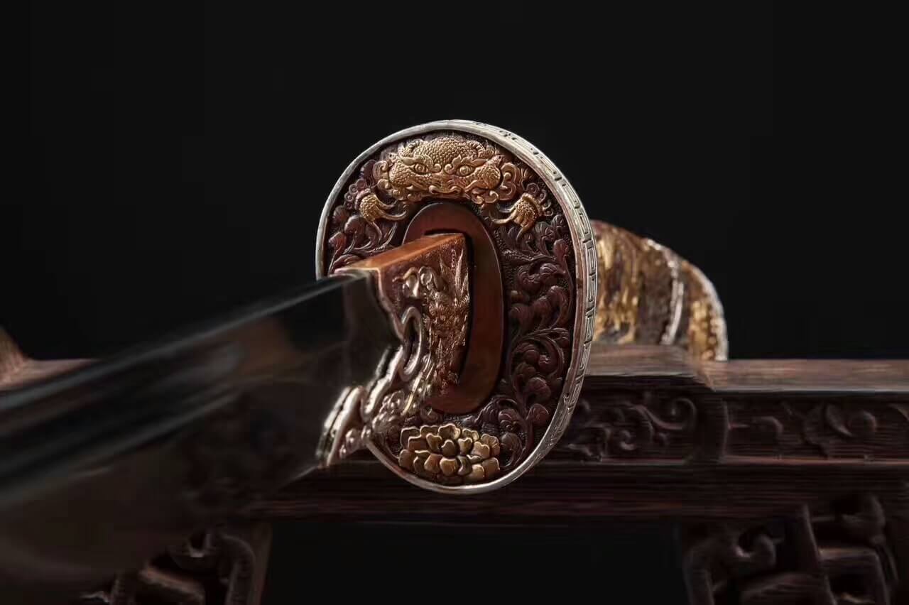 Loong broadsword,Damascus steel blade,Black skin scabbard,Brass fittings - Chinese sword shop