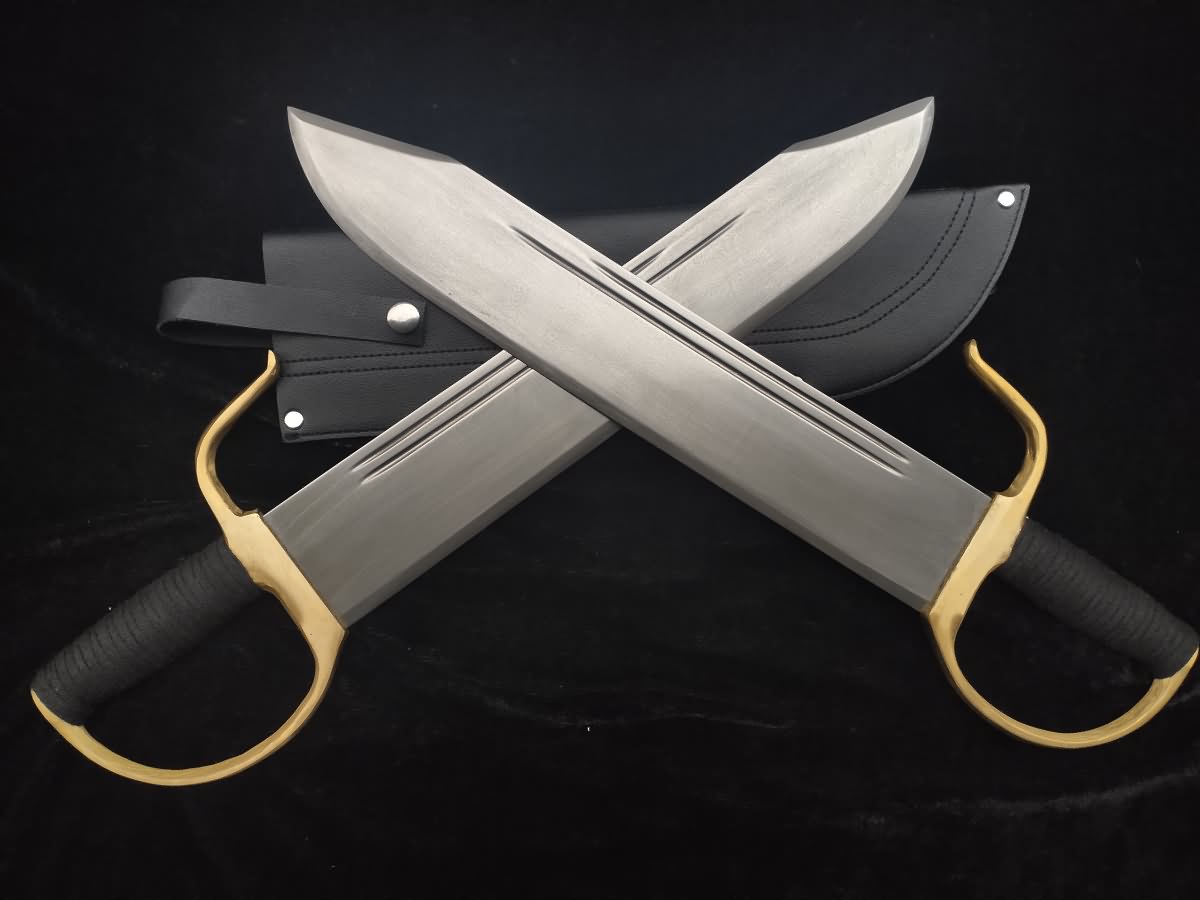 Hand Forged WING CHUN Bart Cham Dao,Folding steel blade,Black Leather scabbard